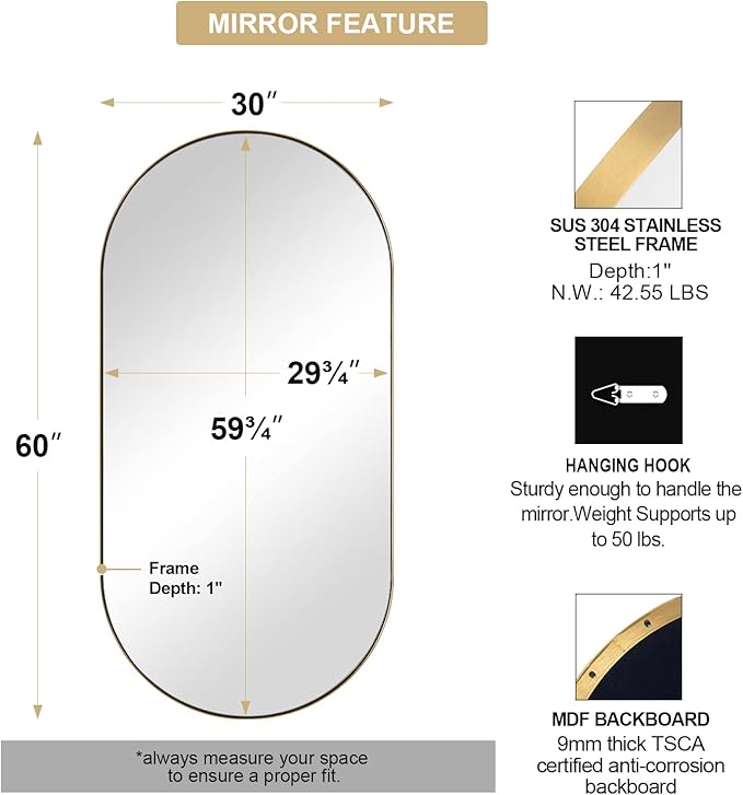 ANDY STAR Gold Bathroom Mirror 60 x 30 Inch, Full Length Mirror, Oval Vanity Mirror, Pill Shaped Mirror in Stainless Steel 1’’ Deep Wall Mounted Vertical/Horizontal