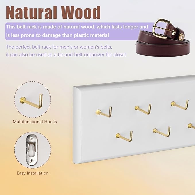 Belt Hanger Wall Mount Belt Organizer for Closet, Holds Over 28 Belts Wooden Wall Mounted Belt Rack Storage Tie and Scarf Hanger for Closet, Wall, Door (White)