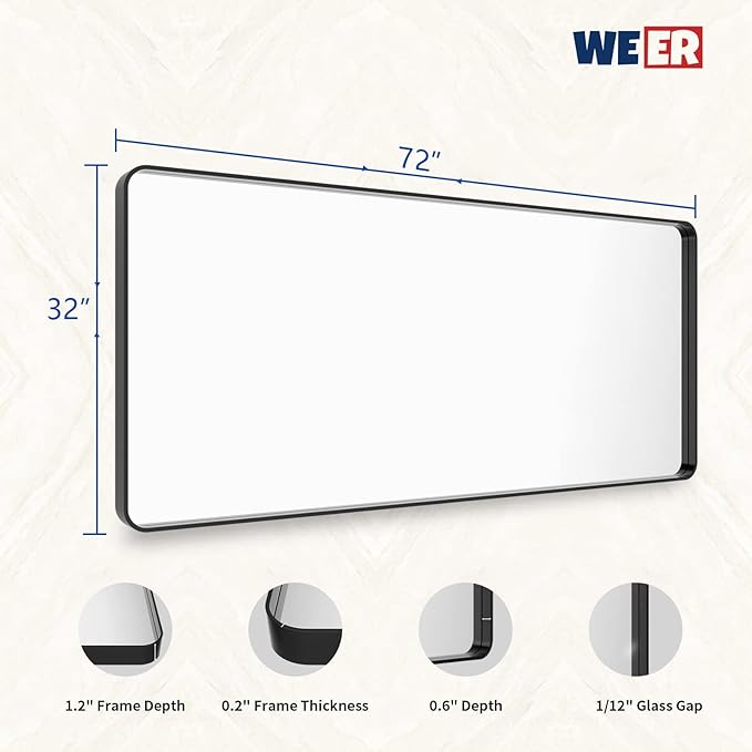 WEER Black Metal Framed Mirror 72X32 Inch, Black Bathroom Vanity Mirror, Rounded Rectangle Matte Black Bathroom Mirror for Wall, Tempered Glass, Anti-Rust, Hangs Horizontal or Vertical