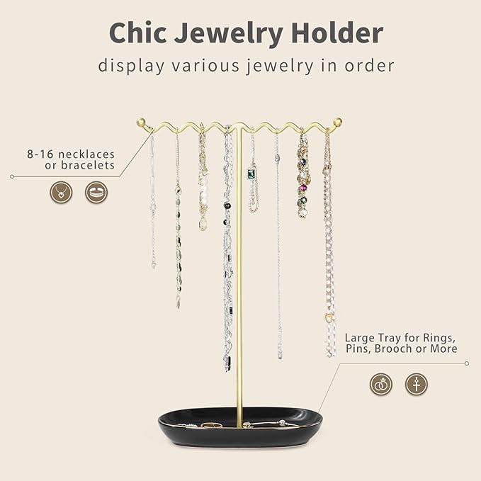 Elegant Jewelry Holder Tree Stand with Ceramic Tray - Metal Necklace Holder Organizer for Rings Bracelets Earrings - Tangle Free, Rustproof Decorative Display for Vanity Dresser Deluxe Black