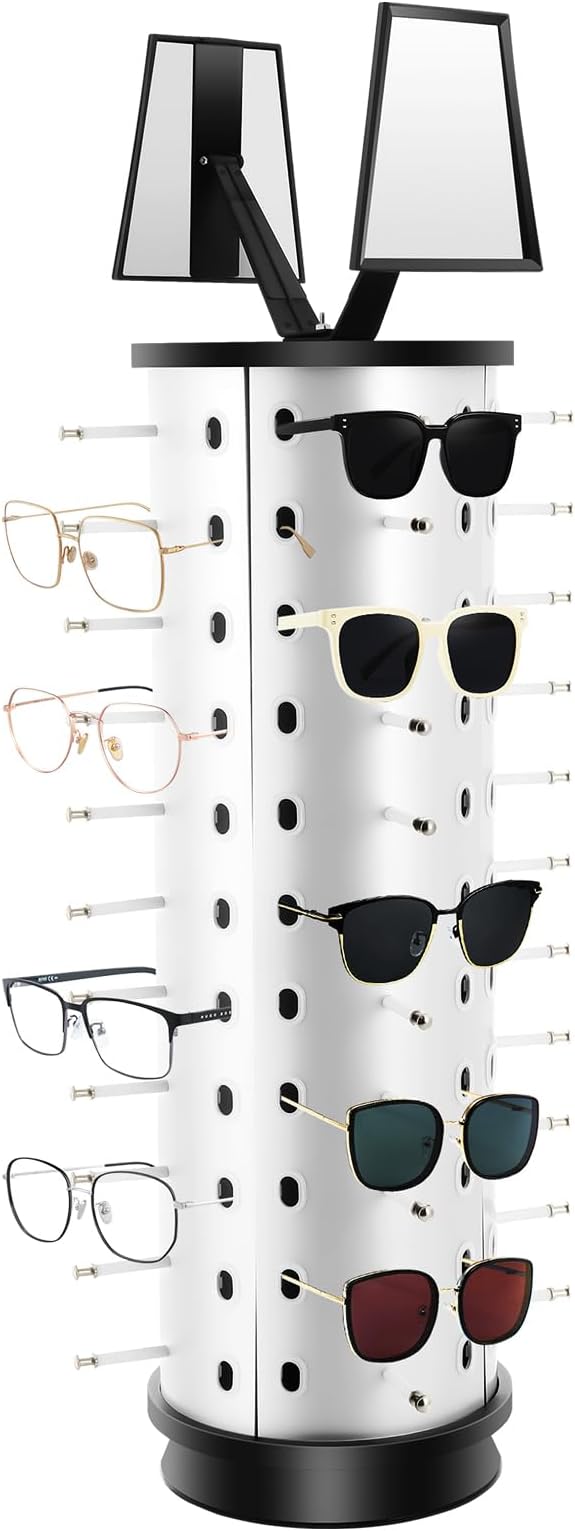 Rotating Glasses Display Stand Sunglass Holder, 44 Pairs Glasses Display Organizer with Mirror, Commercial Countertop Sunglasses Display Rack Sunglasses Holder Organizer (Round)
