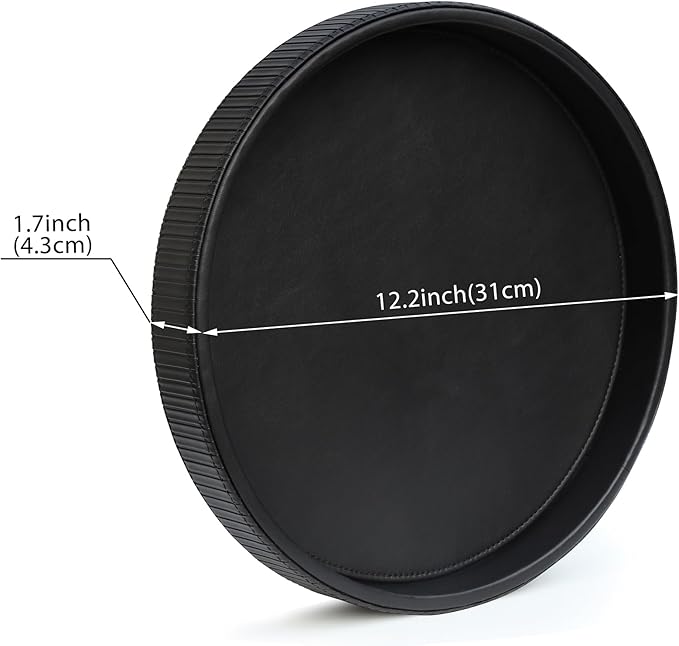 HofferRuffer Round Decorative Tray, Faux Leather Vanity Tray Decor, Decorative Catchall for Perfume, Bathroom Valet, Nightstand or Dresser (Black Stripe, Round-12" x 12" x 1.6")