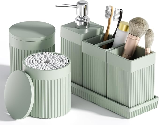 Bathroom Accessories Set, 6-Piece Resin Green Bathroom Set with Toothbrush Holders, Soap Dispenser, Vanity Tray, Tumbler, Cotton Swab Jars, Modern Bathroom Organizer for Small Spaces