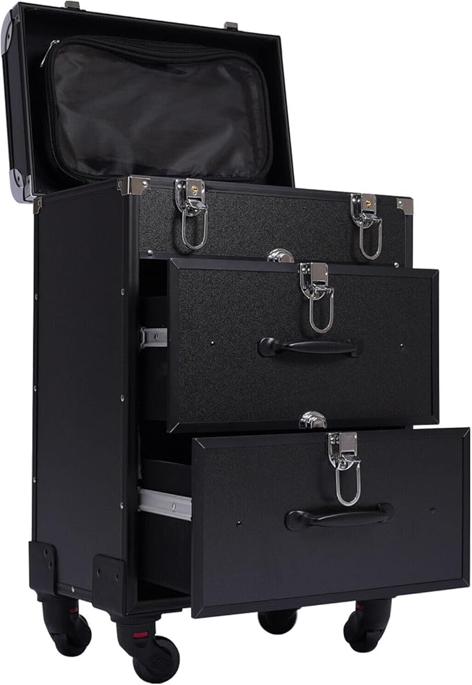Professional Rolling Makeup Train Case with Drawers, Large Cosmetic Trolley with Locks,Cosmetic Trolley Organizer Case for Travel Makeup/Nail Art/Hair Styling (Black)