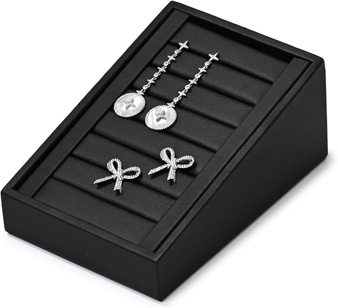 Premium Ring Display Stand Rings Tray Holder Small Ring Organizer Case PU Leather Rings/Earrings Stand Bearer(Black)