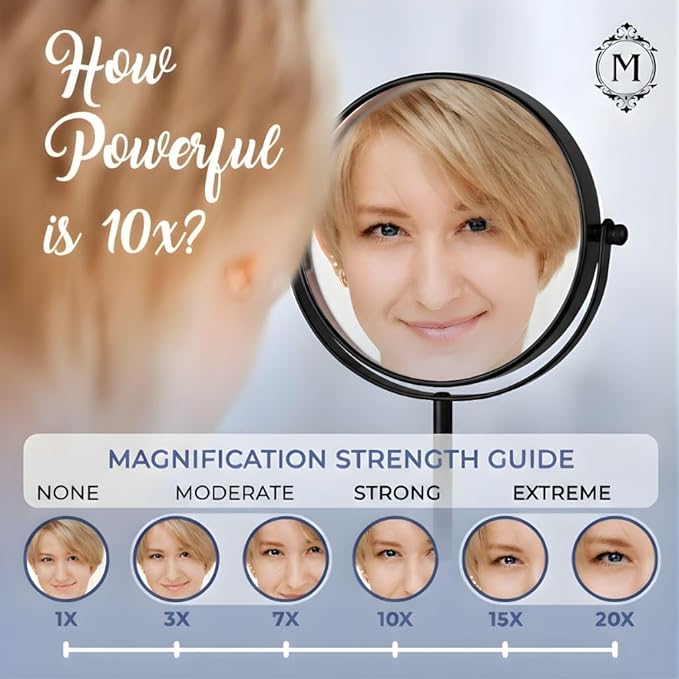 MIRRORVANA 10X Magnifying Makeup Mirror on Round Stand for Tabletop, Bedroom Vanity Desk and Bathroom Counter - Free Standing Double Sided 10X/1X Magnification Mirror - 7" Wide and 14" Tall (Black)