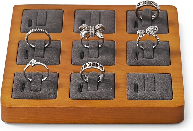 Oirlv Solid Wood Ring Display Stand - 9 Bit Ring Holder & Organizer Tray (Grey)