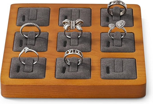 Oirlv Solid Wood Ring Display Stand - 9 Bit Ring Holder & Organizer Tray (Grey)