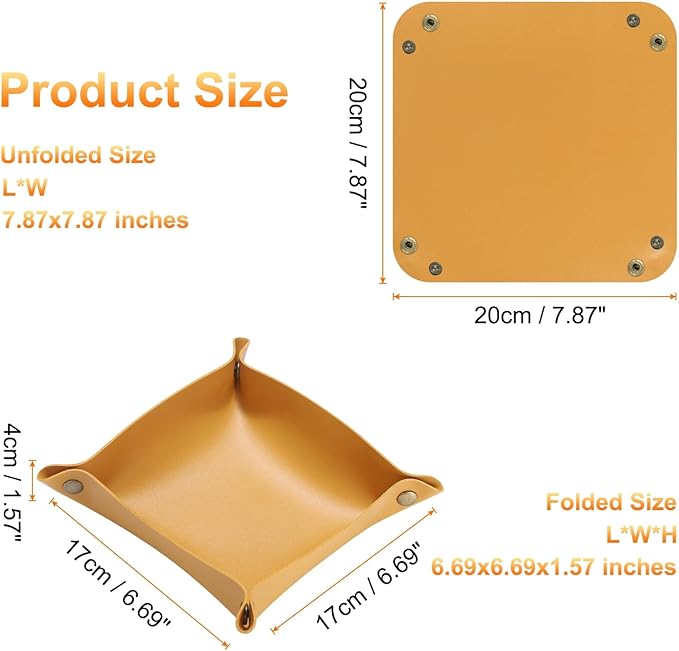 HARFINGTON 4pcs PU Leather Valet Tray Unisex Folding Small Catchall Tray Portable Entryway Table Tray Nightstand Bedside Desk Tray for Key Wallet Watch Coin Jewelry Dice, Yellow