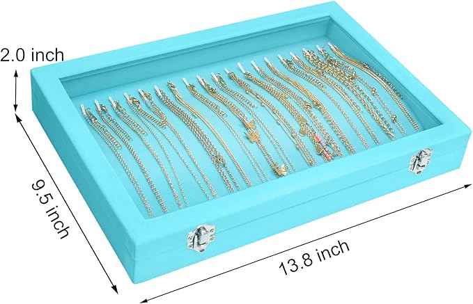 Necklace Organizer Box Premium 20 Hooks Velvet Necklace Display Jewelry Tray with Transparent Lid Jewelry Necklace Display Box for Necklace Pendants Suitable for Women and Girls (Light Blue)
