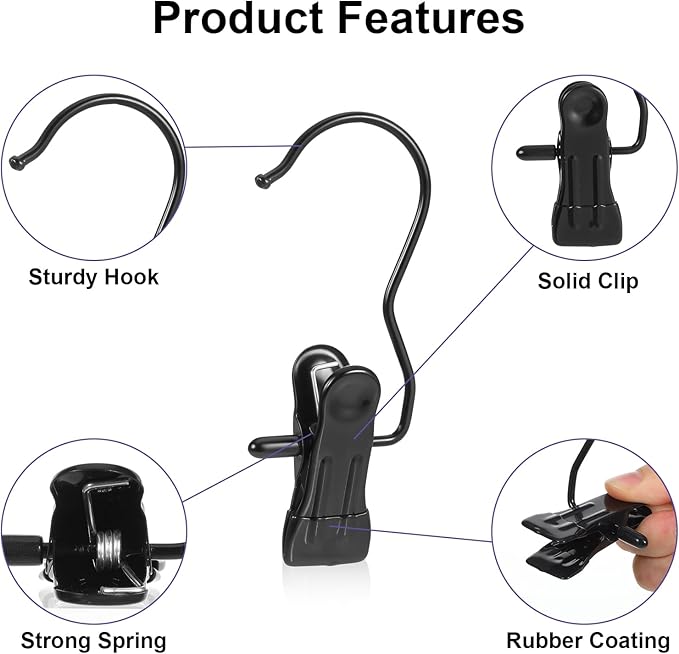 60 Pcs Boot Hangers Clips, Heavy Duty Laundry Hooks and Clothes Pins for Closet Organizer, Portable Space Saving for Travel, Hanging Pants, Jeans, Tall Boots, Towels, Socks, Hats, Black