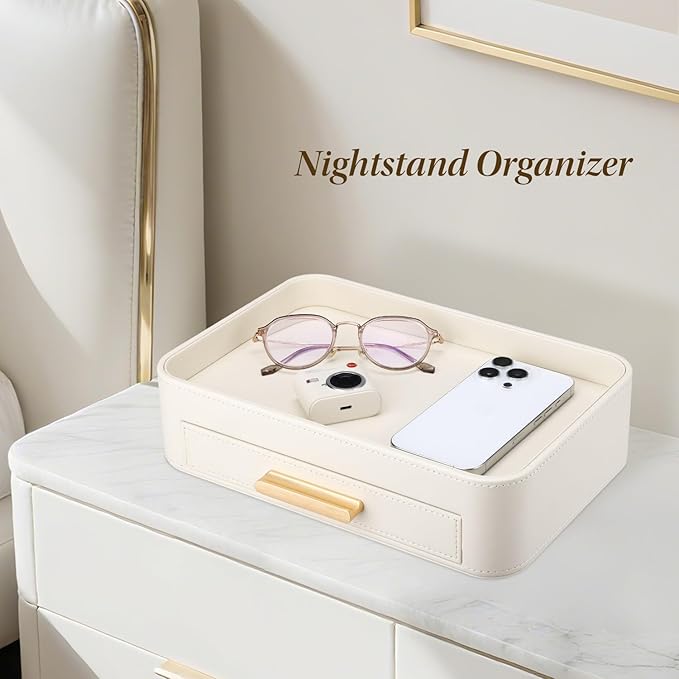 GORESE PU Leather Valet Tray with Drawer, Nightstand Organizer Catch All Tray for Jewelry Perfume Purse Trinket Key Holder, EDC Trays for Desk Vanity Entryway Table, Gift for Women Men, Cream White