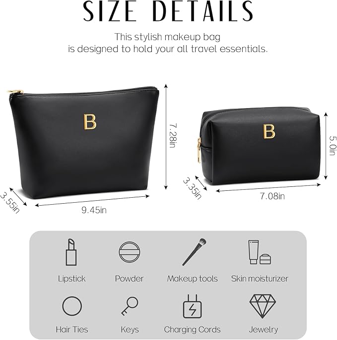 Valentine's Day Gifts for Women Girlfriend Initial Makeup Bag for Teen Girls Personalized Gifts for Friend Teacher Mom Wife Cosmetic Travel Toiletry Bag(Black,B)
