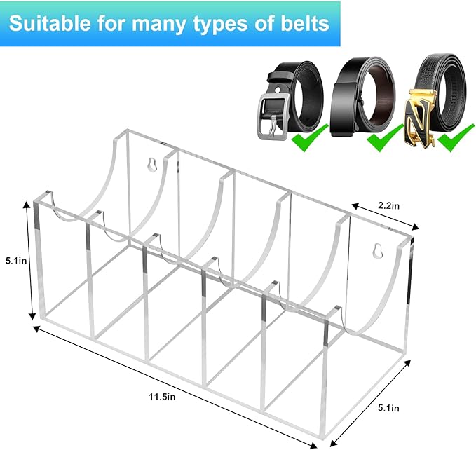 GTI Belt Organizer,Acrylic 5 Compartments belt organizer for closet and wall,Belt Storage Holder for Drawer,Clear Belt Display Case for Closet Tie and Bow Tie