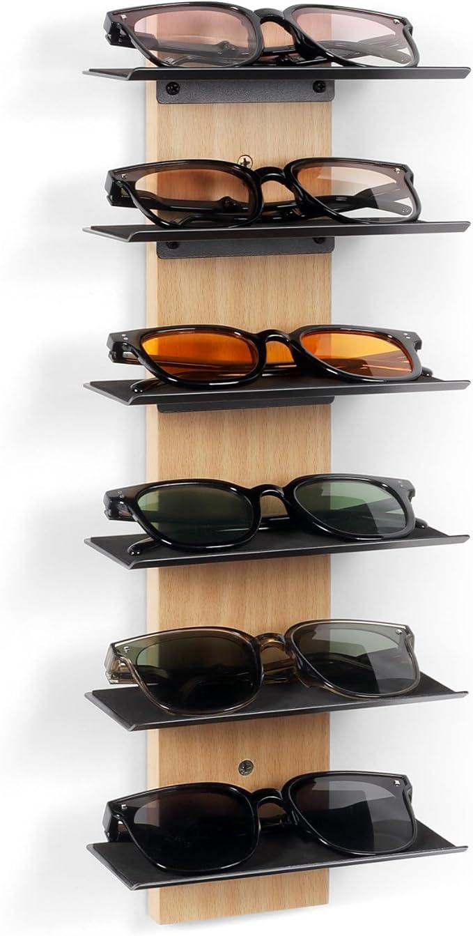 SEKSON Sunglasses Organizer for Wall, Solid Wood Sunglass Holder Display Rack, 6 Tier Eyeglasses Storage Shelf for Entryway, Living Room, Retail Showcase (1 Pack)
