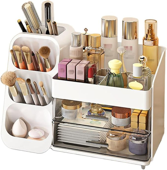 Makeup Organizer with Drawer, Skincare Products Perfume Desk Storage Box, Beauty Holder Rack for Lipstick Brush Eyeliner, Cosmetic Display Case for Dresser Countertop & Bathroom Vanity (White)
