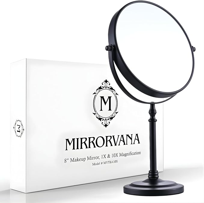 MIRRORVANA Large Double Sided 10X and 1X Magnifying Makeup Mirror with Stand in Gift Box, 15” Tall and 8” Wide (Black)