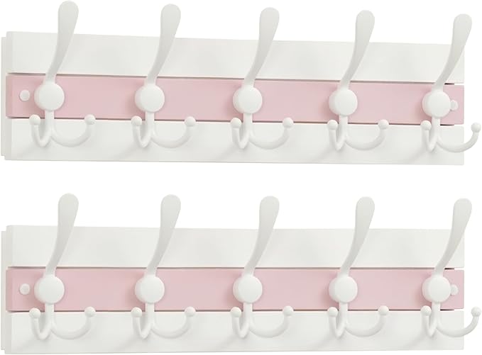 SKOLOO Coastal Wall Mounted Coat Rack-16.88" Beach House Entryway Wooden Coat Hook with 5 Hooks for Hanging Coats, Hats or Towels, Oceanfront Cottage Core Collection, White&Palm Beach Pink, Pack of 2