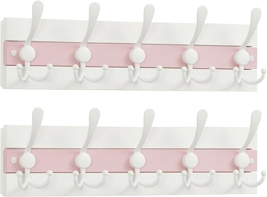 SKOLOO Coastal Wall Mounted Coat Rack-16.88" Beach House Entryway Wooden Coat Hook with 5 Hooks for Hanging Coats, Hats or Towels, Oceanfront Cottage Core Collection, White&Palm Beach Pink, Pack of 2