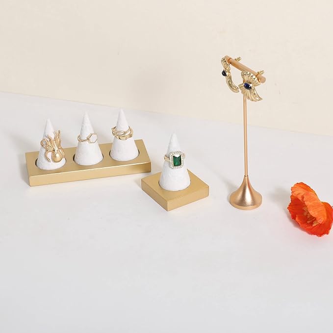 GemeShou Jewelry ring display holder for selling, velvet ring cone display stand, cute cone shaped ring holder with golden coated base,Small jewelry ring storage organizer【Ring holder-white 1 cone】
