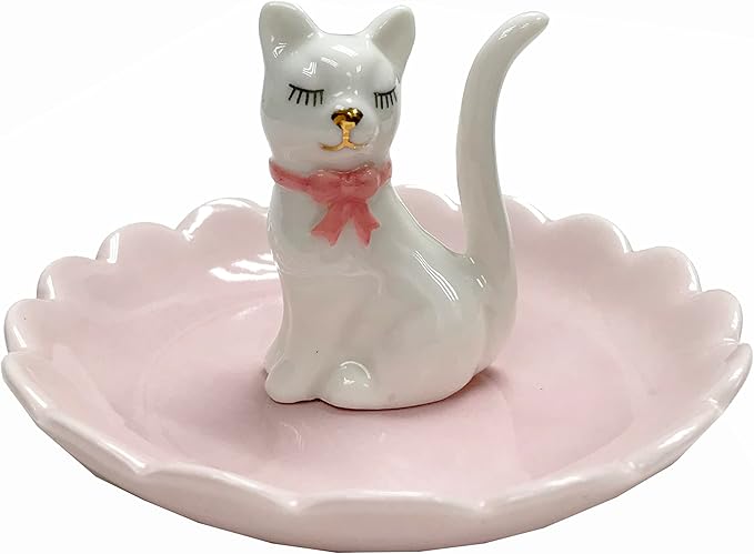 ROSA&ROSE Cat Ring Holder Trinket Tray Ceramic Jewelry Dish Porcelain Ring Organizer Gift for Women, Girlfriend or Valentine's Day (White/Pink)