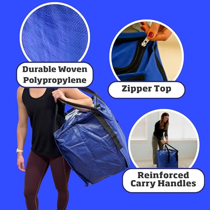DURASACK Heavy Duty Storage Tote Bag with Zipper Top 22-Gallon Rugged Woven Polypropylene Moving Bag, Reusable Self-Standing Design, Holds up to 500 Pounds, Single, Blue