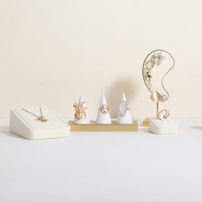 GemeShou Jewelry ring display holder for selling, velvet ring cone display stand, cute cone shaped ring holder with golden coated base,Medium jewelry ring storage organizer【Ring holder-white 3 cone】