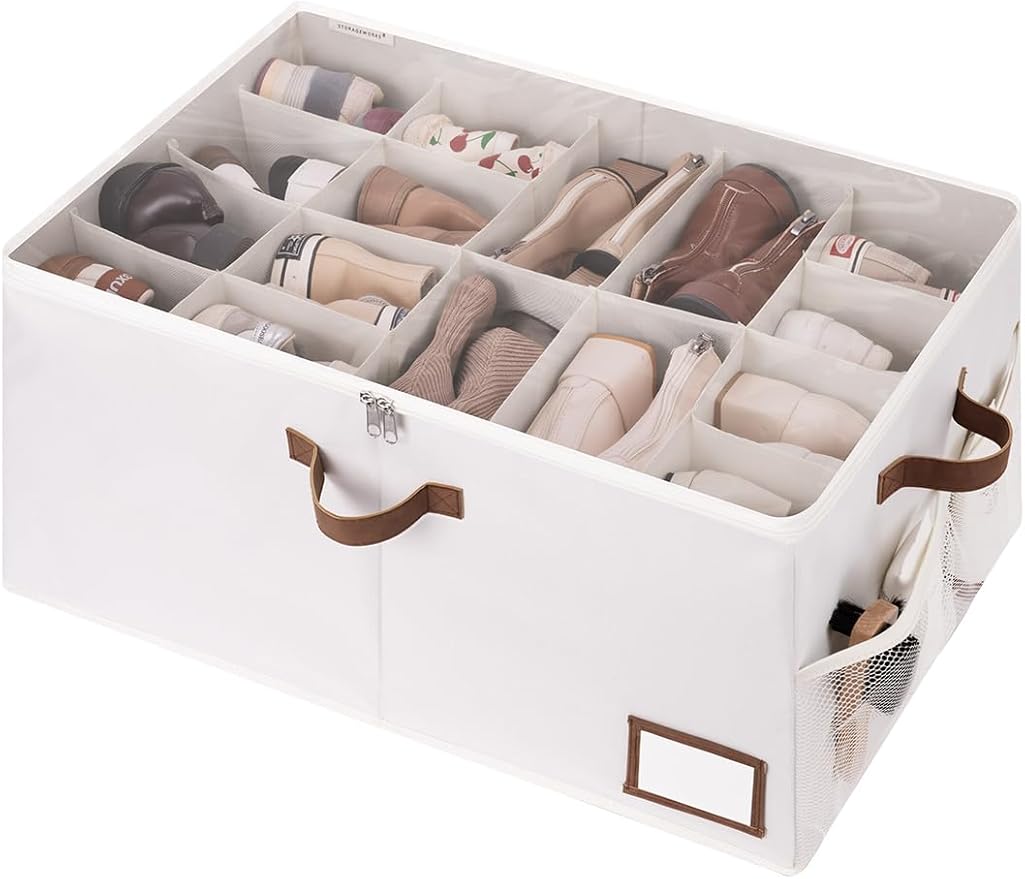 StorageWorks Shoe Organizer for Closet, Fits up to 20 Pairs, Shoe Cubby Storage Containers with Side Mesh Pocket and Clear Cover, Beige