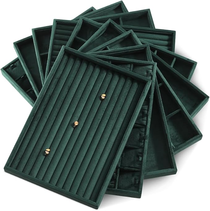 Velvet Jewelry Display Tray For Bracelet Pendant Necklace, Multi-Slot Stackable Storage Tray For Long Chain Jewelries, Drawer Insert Jewelry Organizer (Green)