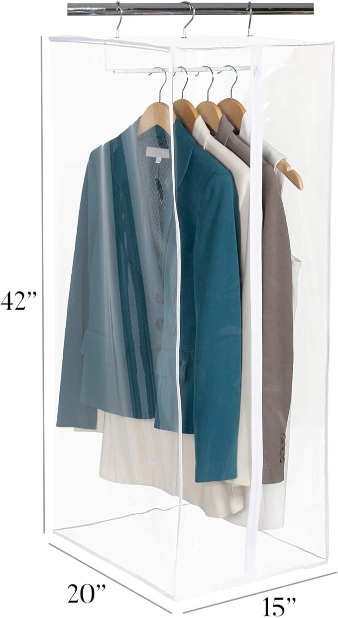 Garment Bag - Clear Hanging Closet Organizer - Durable Zippered Cover with Rod Protects Dresses, Suits, and Jackets from Dust and Moist- Top Metal Frame to Keep All Your Stuff in Shape- 42" x 20" x 15