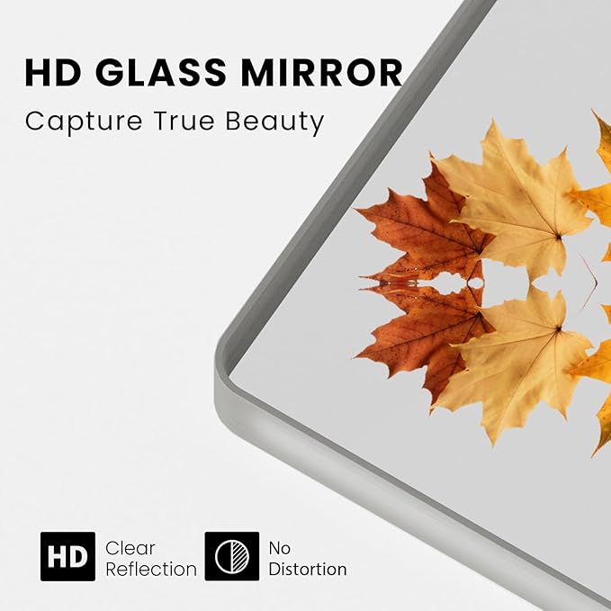 Brushed Nickel Bathroom Mirror 48x32 Inch, Brushed Silver Metal Frame Mirror Wall Mounted, Rounded Rectangle Bathroom Vanity Mirror, Tempered Glass, Anti-Rust, Horizontal/Vertical