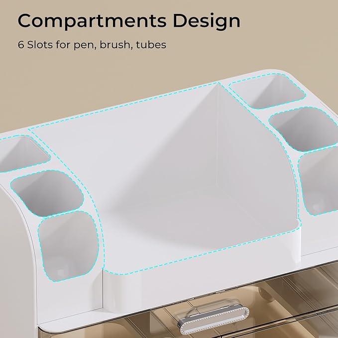 Makeup Organizer for Vanity with 2 Large Drawers, Cosmetic Display Case with Brush Holders, Easy to Storage for Bathroom Countertop Skincare, Desk Office Supplies, White