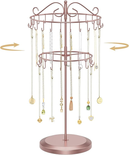 MODOWEY Rotating Necklace Holder Organizer Display Stand with 42 Hooks, 2 Tier Adjustable Metal Tree for Long Necklace Hanger, Tall Spinning Bracelet Storage Rack for Men Women, Rose gold