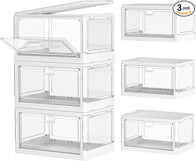 Clear Storage Bin with Lid 3 Pack 【Stackable & Sturdy】 Plastic Multifunctional Folding Storage Bins for Bedroom, Living Room, Study,Room, 23 QT Folding Box with Magnetic Door