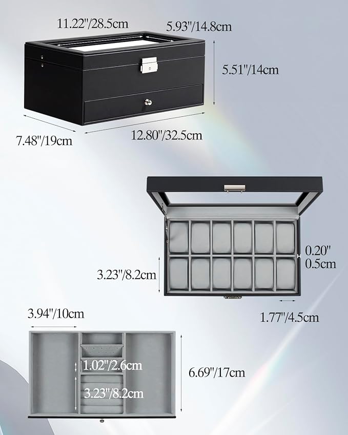 GUKA Watch Box 12 Slot Watch Display Organizer Leather Jewelry Case Drawer Glass Birthday for Men Women, Child Husband Dad