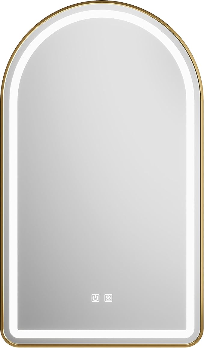 30x40 inch Gold Tempered Glass LED Arched Mirror for Bathroom Vanity Mirror or Wall Decor Arch Mirror Brushed Metal Frame Wall Mounted Mirror for Bathroom