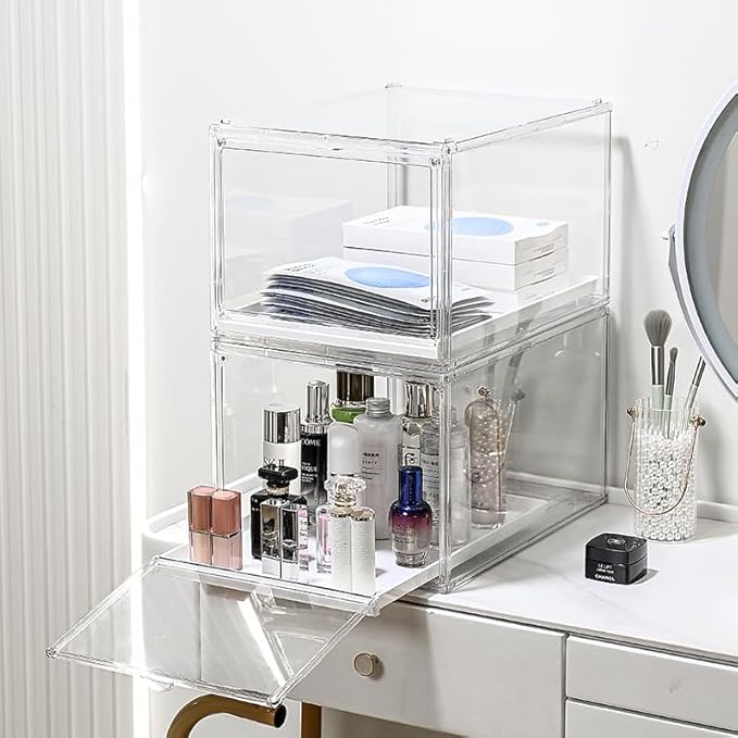 Stackable Clear Handbag Display Case for Closet with Drawers, Acrylic Box Display Case Showcase with Magnetic Door, Plastic Storage Bins Storage Drawers Containers for Organizing