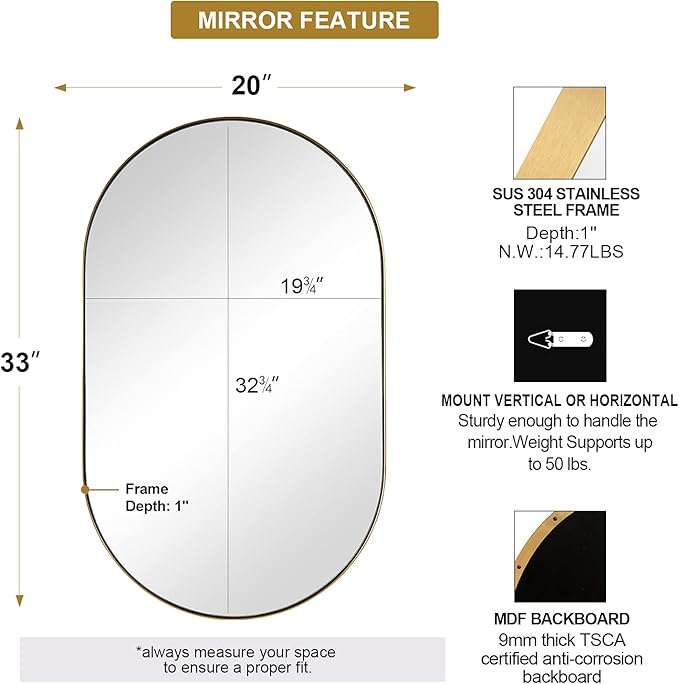 ANDY STAR Oval Bathroom Mirror, 20x33’’Oval Gold Mirror Stainless Steel Metal Frame Mirror for Bathroom, Entryway, Living Room, Contemporary 1" Deep Set Design Wall Mount Hangs Vertical or Horizontal