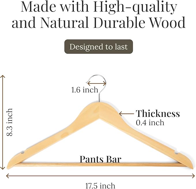 Wooden Clothes Hangers 10 Pack, Natural Wood Coat Hangers, Non-Slip Shoulder Grooves & Notches, 360° Swivel Chrome Hook, Space-Saving for Suits & Jackets, Closet Organizer - Hodge Home Essentials
