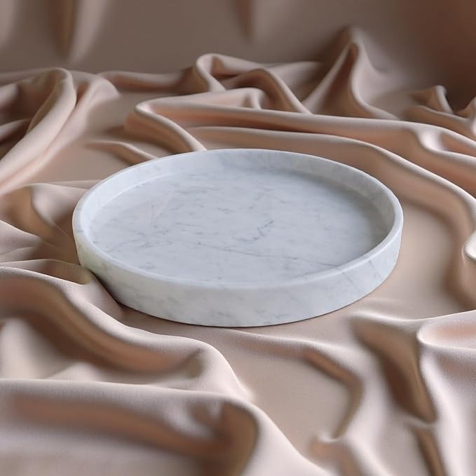 Carrara White Marble Tray Round 10 Inch, Natural Stone Perfume & Dessert Tray, Elegant Serving & Display Plate for Home, Vanity, 2 cm Deep, Non-Slip Base