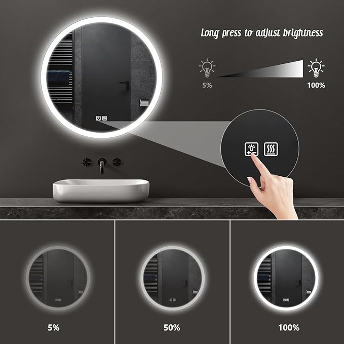 APRILSOUL 40 Inch Round LED Bathroom Vanity Mirror with Front and Backlit, Led Mirror with Anti-Fog, 3 Colors and Dimmable Light