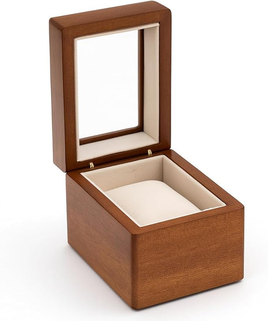 Bey-Berk Personalized Viscount Cherry Wood Single Watch Box, Custom Glass-Top Solid Wood Watch Display Case with Velour-Lined Cushion, 4.5" x 3.25" x 3.25"