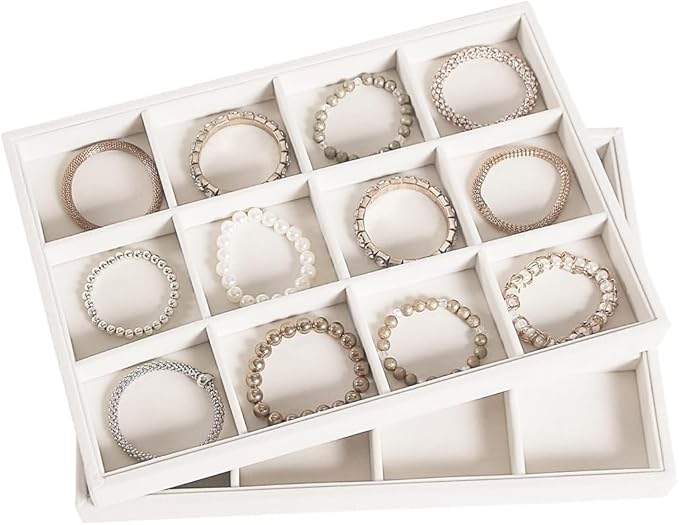 2pcs/Set Velvet Jewelry Tray, 12 Grids Large Storage Tray for Bracelet Bangle Beads Display, Jewellery Organizer Box Tray for Home Drawer or Shop Store Selling Show (Beige Velvet)