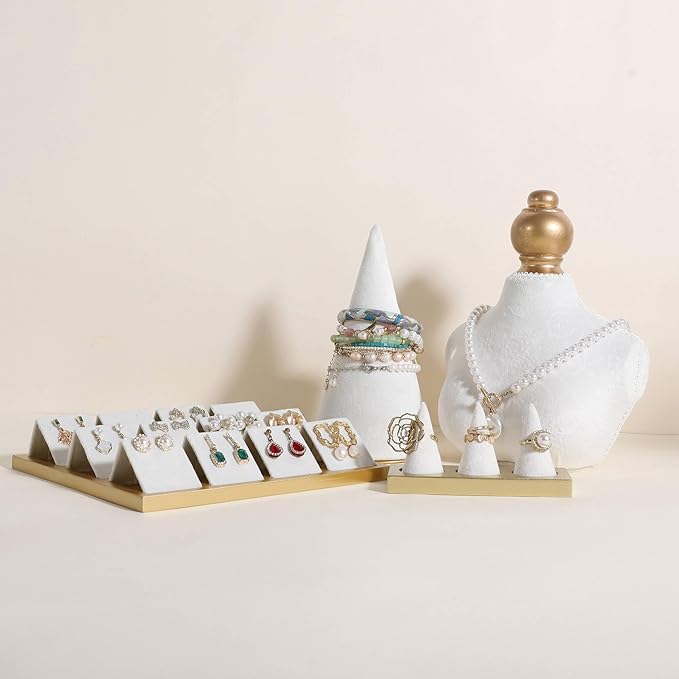 GemeShou Jewelry ring display holder for selling, velvet ring cone display stand, cute cone shaped ring holder with golden coated base,Medium jewelry ring storage organizer【Ring holder-white 3 cone】