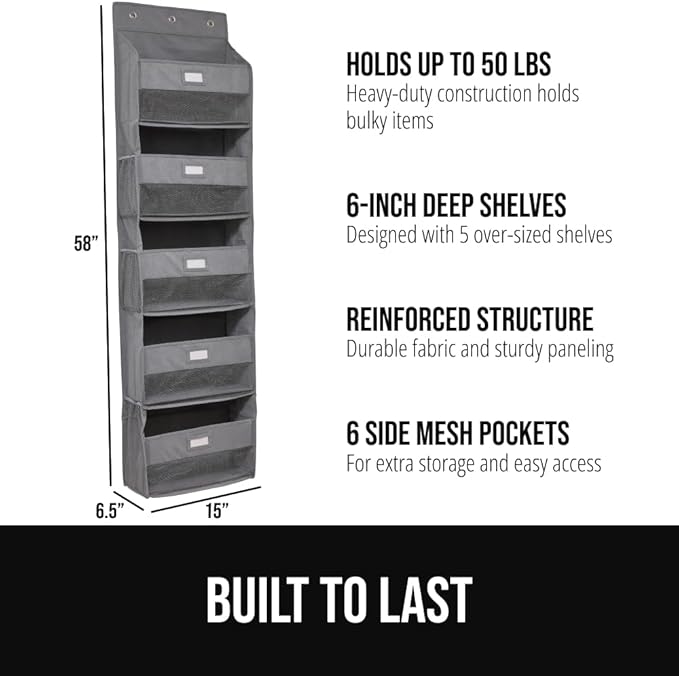 GORILLA GRIP Over The Door Organizer Storage, 5 Deep Hanging Shelves, Holds 50lbs, Closet Organizers Shelf for Bedroom, Bathroom, Nursery, Dorm Essentials, 3 Metal Hooks, 58x15 Inches, Grey