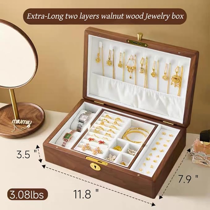 Bescott 2 Layer Solid Black Walnut Wooden Jewelry Box with Lock and Key for Women Wood Vintage Organizer for Men Earrings Rings Necklaces Bracelet Watch Storage Mother's Day Gift