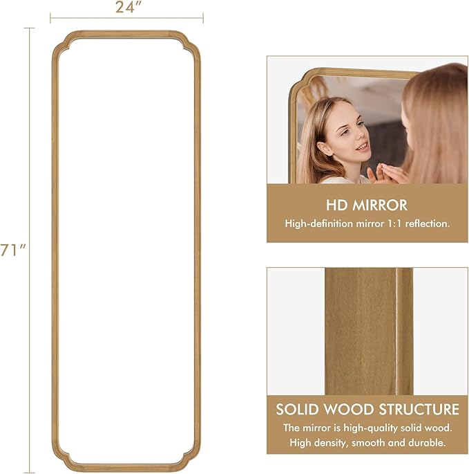 WallBeyond Full Length Mirror Wall Mounted 71"x24", Rustic Wooden Frame Floor Mirror, Large Full Body Mirror for Bedroom, Leaning or Hanging Against Wall (Natural Solid Wood)