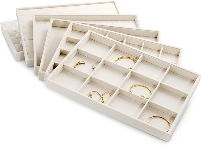 12 Grids Linen Jewelry Trays Bangl Earring Holder Tray Stackable Jewelry Organizer For Drawer (Beige)