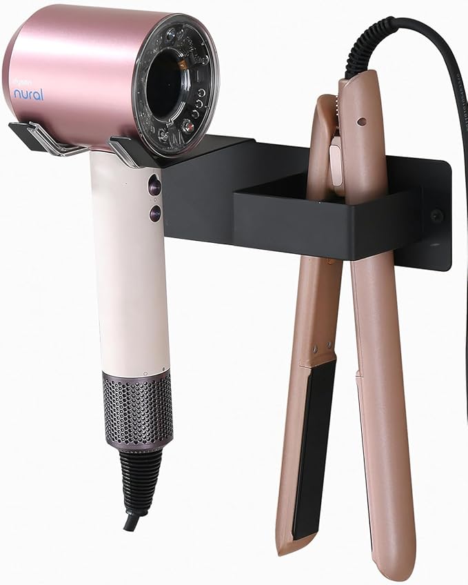 Hair Dryer Holder Wall Mounted, Stainless Steel Blow Dryer Holder for Bathroom, Hair Dryer and Straightener Holder Adhesive or Drilling, Hair Tool Organizer for Salon Barber Shops Black BANJEKT