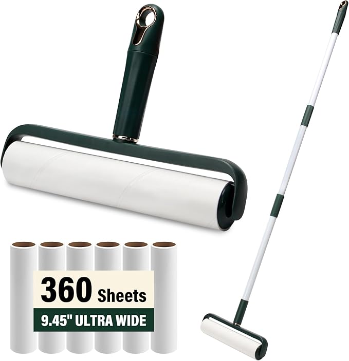 Large Lint Rollers for Pet Hair Extra Sticky, 9.45 in Giant Lint Roller Refill 360 Sheets Total,48 in Telescopic Pole to Clean Without Bending Down for Floor Cleaning Carpets,Clothes,Couch
